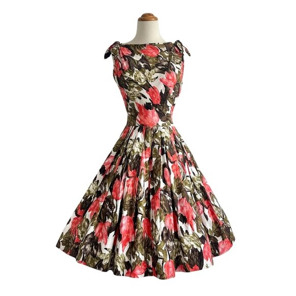 Vtg 60s Sleeveless Dress Pink Tulip Print Festival Cotton Fit Flare Size Small - Picture 1 of 9